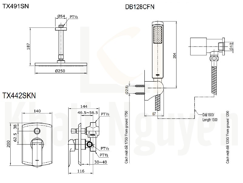 Bản Vẽ Sen Tắm TOTO TX491SN/TX442SKN/DB128CFN Âm Tường