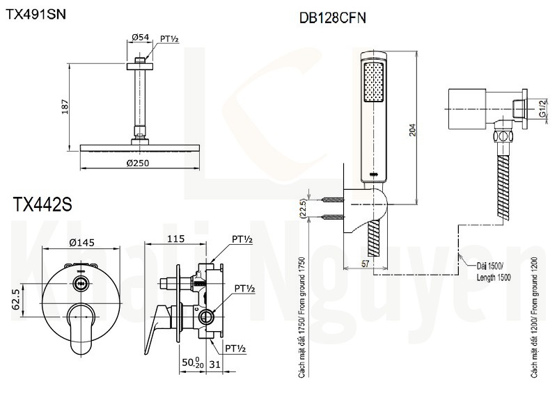 Bản Vẽ Sen Tắm TOTO TX491SN/TX442SU/DB128CFN Âm Tường