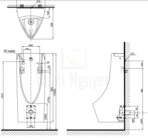 Bản Vẽ Tiểu Nam TOTO USWN900AS/HHF90603 Treo Tường Van Tự Động