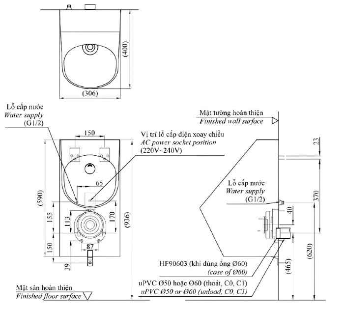 Bản vẽ tiểu nam treo tường TOTO USWN925AEV