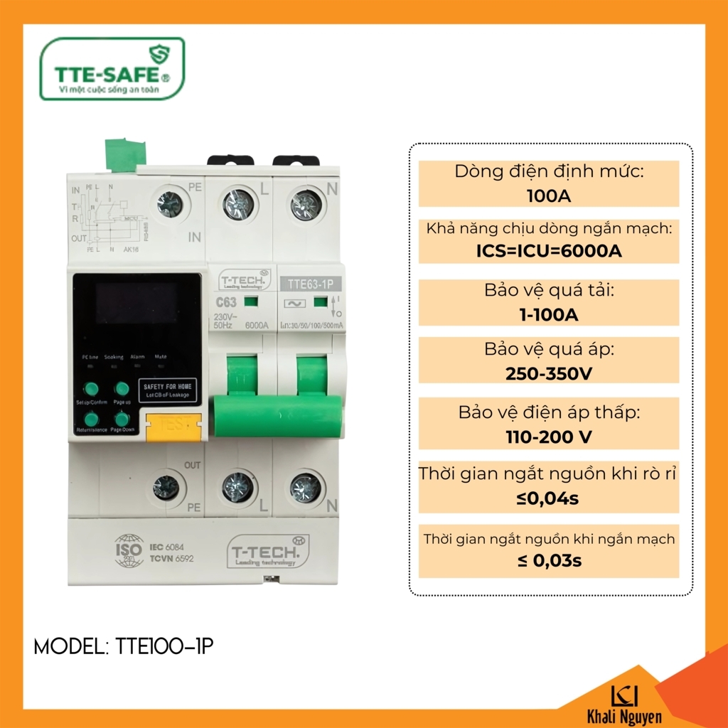 Aptomat thiết bị chống sốc điện cách ly 1 pha TTE-SAFE TTE100-1P