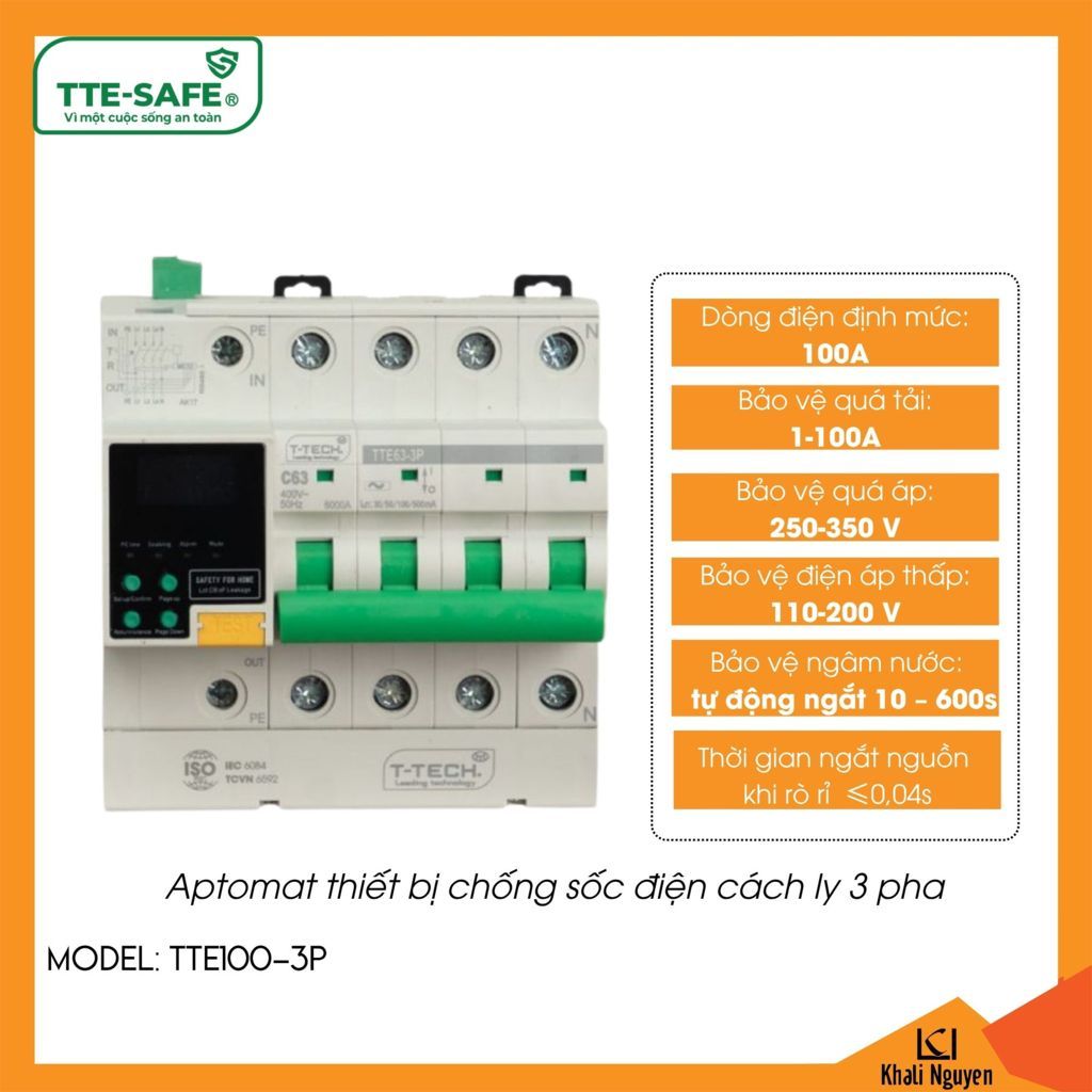 Aptomat thiết bị chống sốc điện cách ly 3 pha TTE-SAFE TTE100-3P
