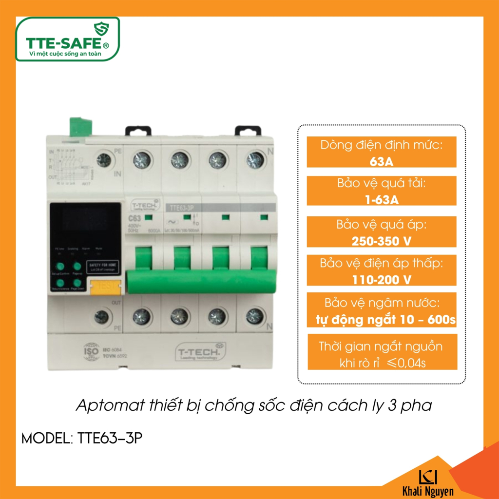 Aptomat thiết bị chống sốc điện cách ly 3 pha TTE-SAFE TTE63-3P