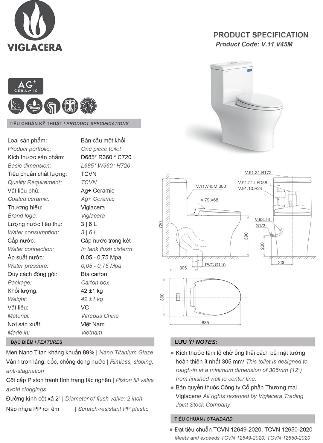 Bản vẽ kỹ thuật thông số bồn cầu V45