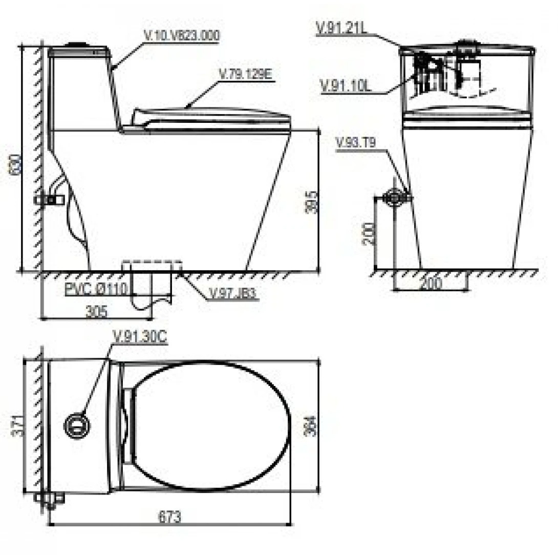 Bản vẽ bồn cầu Viglacera V823 nắp êm 1 khối