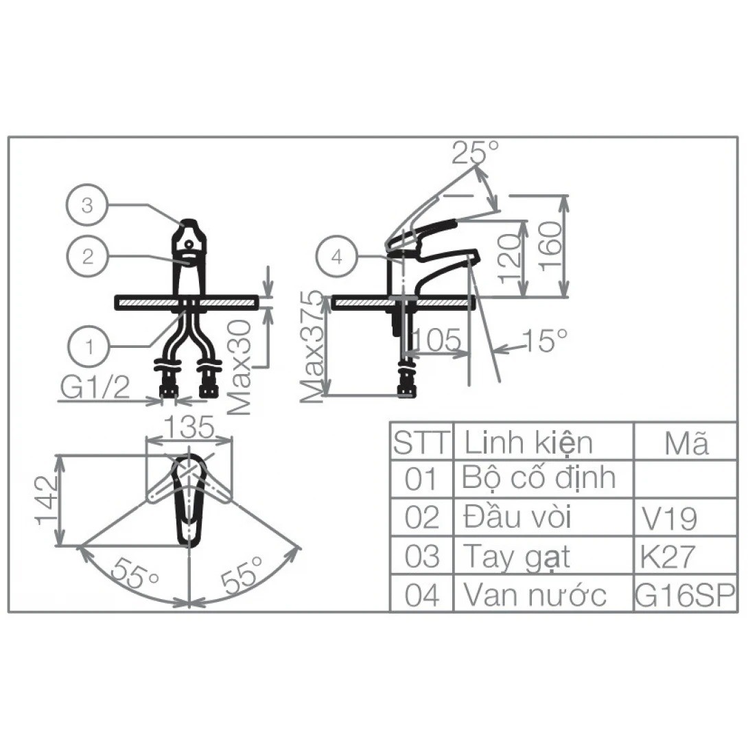 Bản vẽ vòi lavabo Viglacera VG102